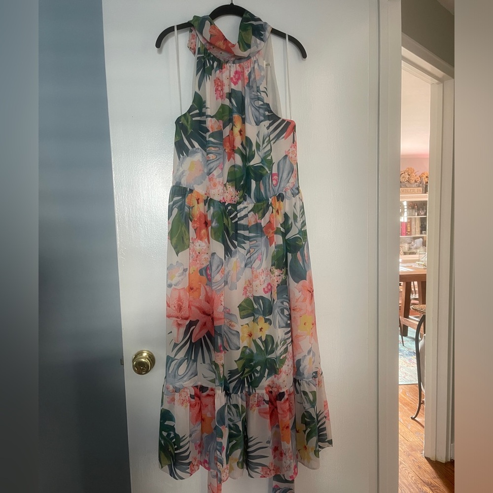 ELIZA J Tropical Floral Print Sleeveless High Neck Dress